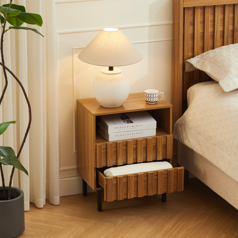Wooden Stripe 2 Drawer Nightstand, Nature