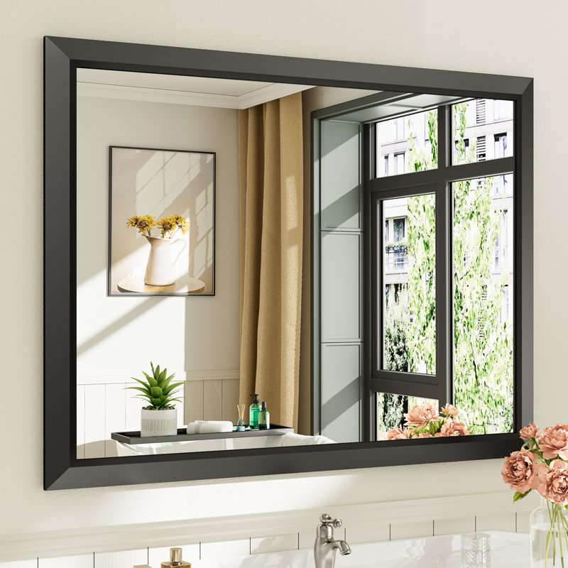 Miroirs de salle de bain modernes et contemporains en métal biseauté rectangulaire / carré avec verre trempé HD, Noir mat