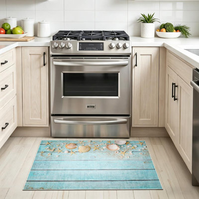 Blue Summer Seashells Border Wooden Beach Nature Sea Star Tropical Machine Washable Indoor Area Rug