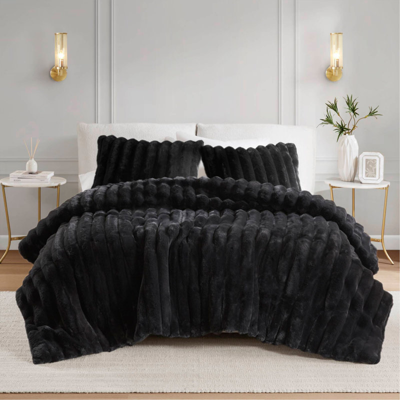 Ensemble d'édredon en fausse fourrure Ulrich, Noir, Double/Grand