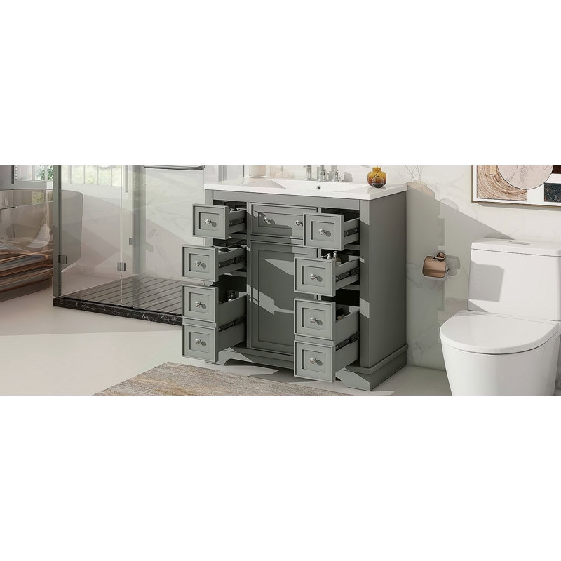 Ensemble de meuble-lavabo 36 po avec lavabo, une armoire et six tiroirs, bois massif et panneau de fibres à densité moyenne