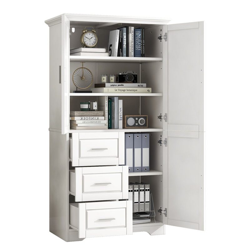 Armoire de rangement haute et large avec portes pour salle de bain / bureau, trois tiroirs, Blanc