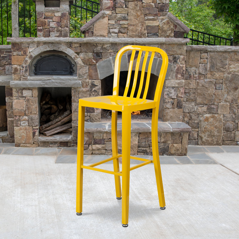 Commercial Grade Metal Indoor-Outdoor Stool with Vertical Slat Back, Yellow, Bar Stool (76cm Seat Height)