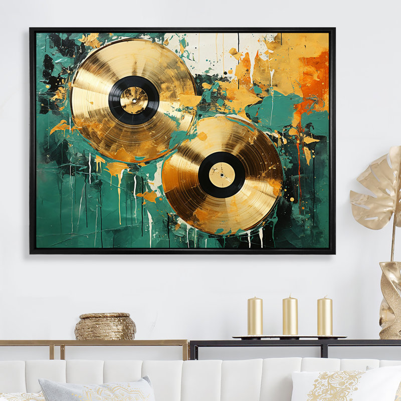 Minimalisme, disques vinyle I sur toile, Cadre flottant noir, H 24 po x l 32 po