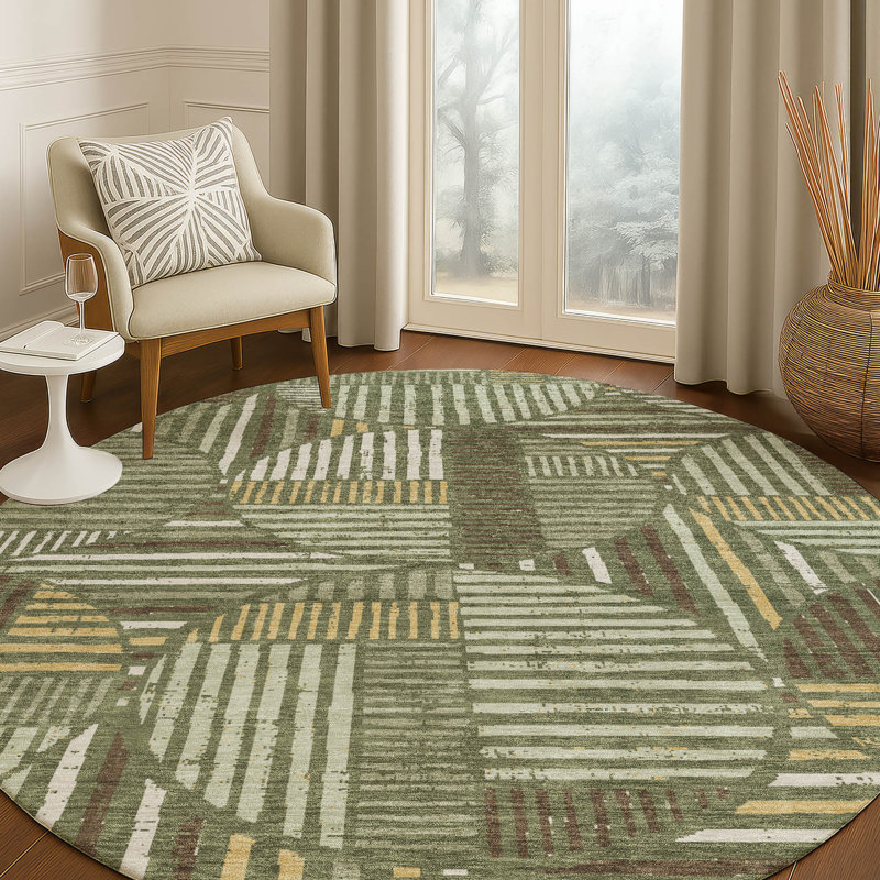 Machine Washable Indoor/Outdoor Chantille ACN2700 Geometric Rug, Olive, Rond 8 pi