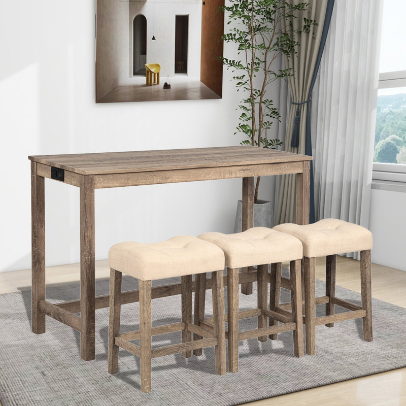 4 Piece Bar Table Set with Power Outlet,Bar Table Set with Chairs,Sofa Bar Table with Stools,Behind Couch Table with 3 Padded Stools,for Living Room,Dining room