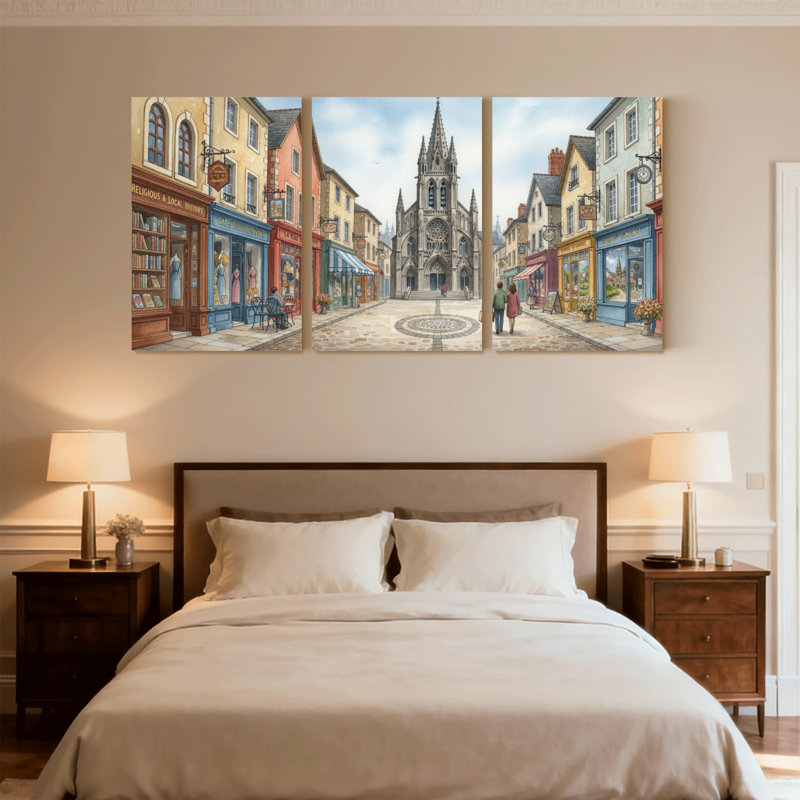 Ensemble de 3 reproductions d'art sur toile, "Scène de ville européenne charmante", H 18 po x l 36 po