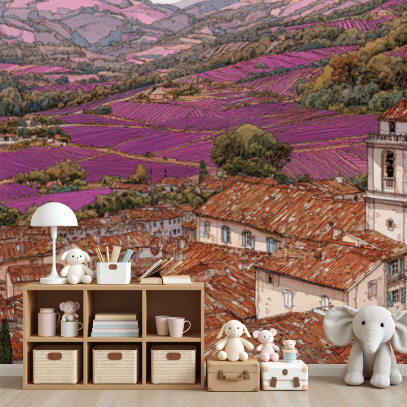 Peel and Stick Wallpaper Whimsical Rural French Village lavender fields Wall Murals 69"H x 96"W Removable PVC Wall Paper Self-Adhesive Wall Decor for Bedroom Living Room Home Office