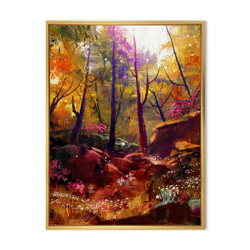 «Beautiful Autumn Forest with Sunlight», peinture sur toile, Cadre flottant doré, H 32 po x l 24 po