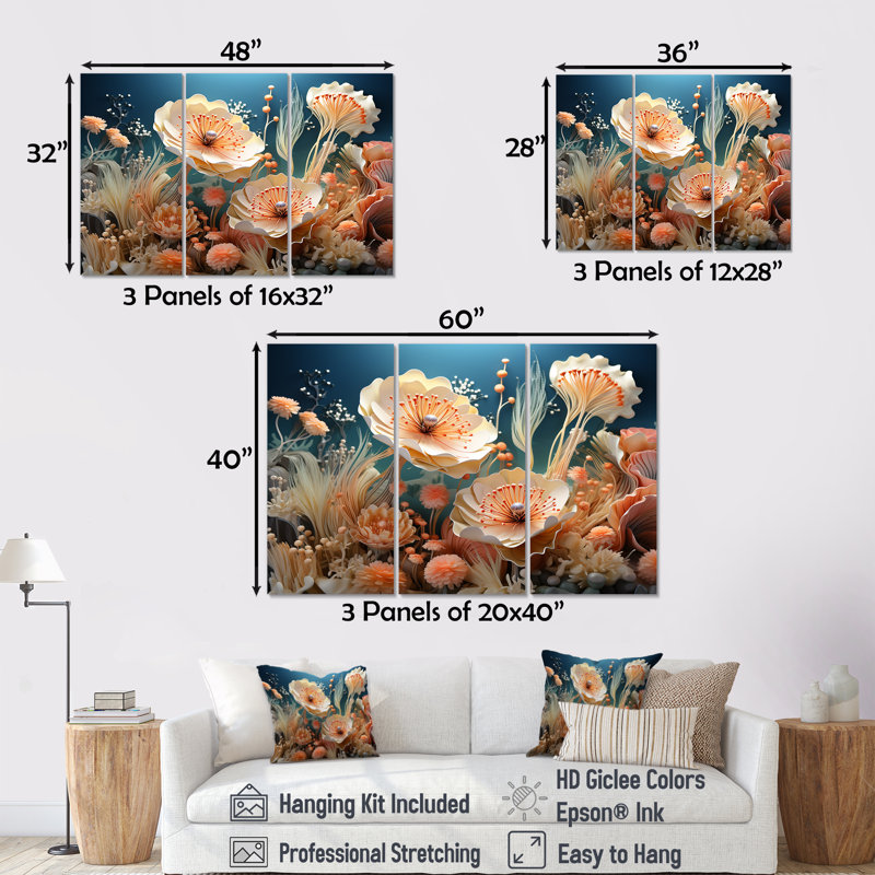 Ensemble d'art sur toile, corail sous l'eau, H 28 po x l 36 po x P 1 po