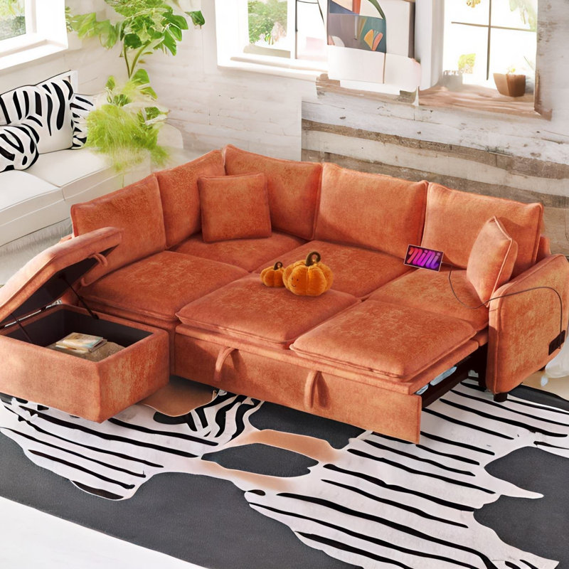 Ottobert 82.67'' Chenill Sectional sofa& Sofa Bed, Orange Chenille/Foam Padding