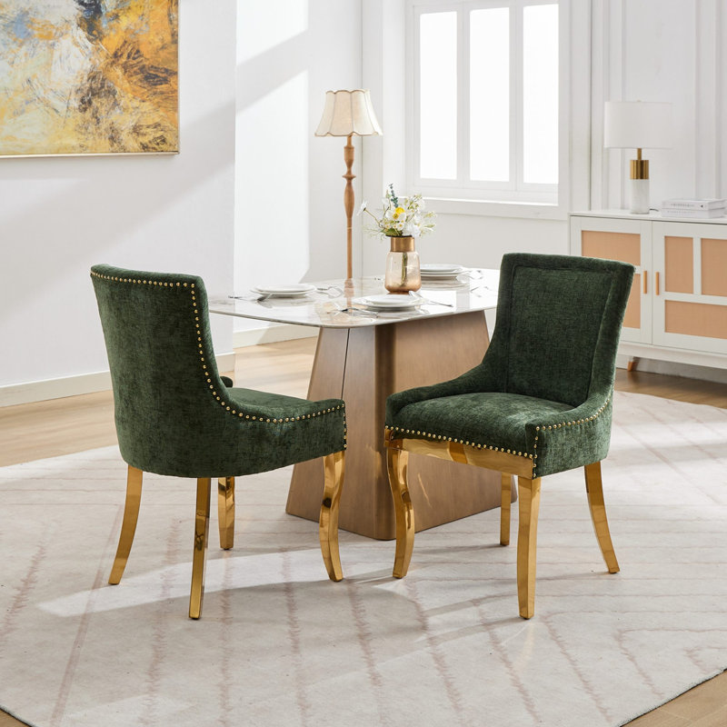 Chaises de salle à manger modernes en chenille, Vert olive