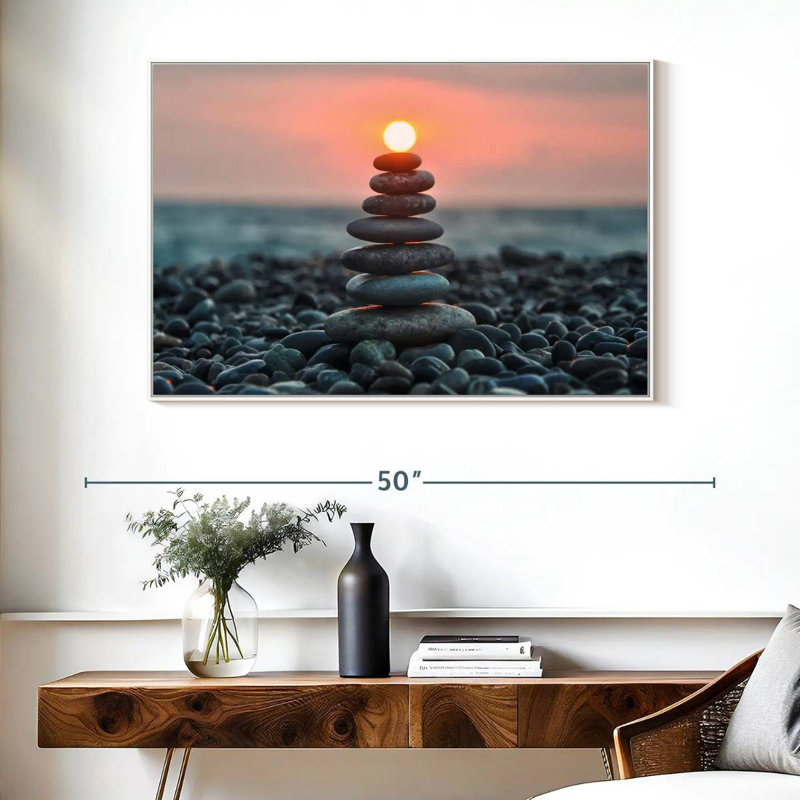 Zen pile au coucher du soleil, Cadre flottant blanc, 40 po x 27 po