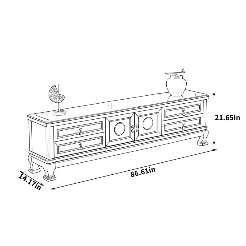 Meuble télé en bois massif avec tiroirs de rangement., H 21,65 po x L 86,61 po x l 14,17 po