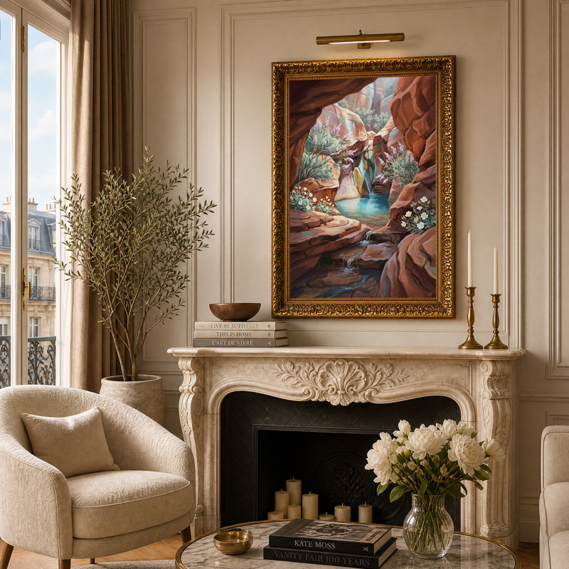 Red Rock Canyon Stream avec fleurs mauves, art mural, H 24 po x l 16 po
