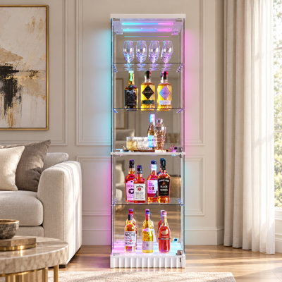 67''H Bar Cabinet with RGB Lights and Motion Sensor, Lockable Wine Cabinet with 5-Tier Display Shelves