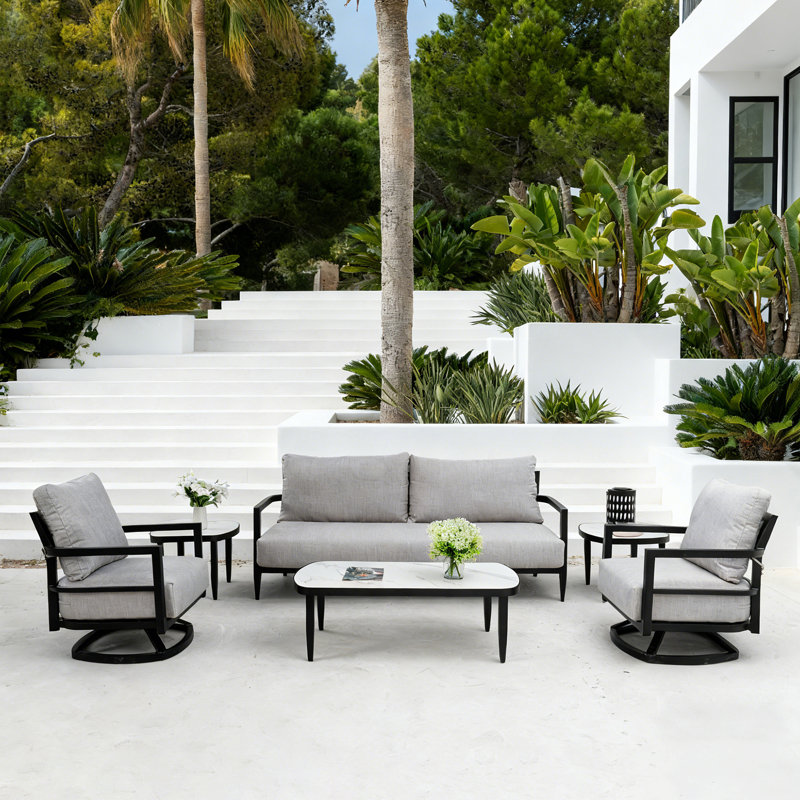 Ensemble de conversation pour l'extérieur 6 pièces avec fauteuils club pivotants 360 ° entièrement soudés