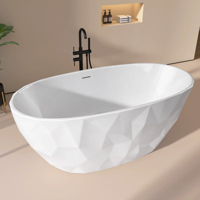 67" X 31.5" Freestanding Acrylic Glossy White Bathroom Tub Diamond Appearance Bathtub With Overflow And Chrome Pop-up Drain