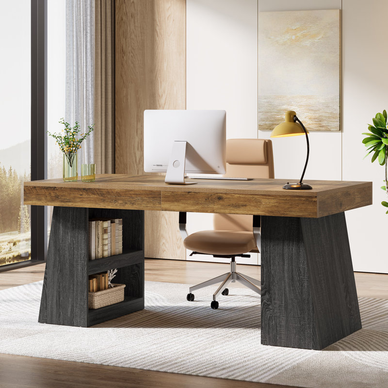 Bureau d'ordinateur de 55 po avec tablettes de rangement et tiroir, grand bureau à domicile en bois avec double base trapézoïdale