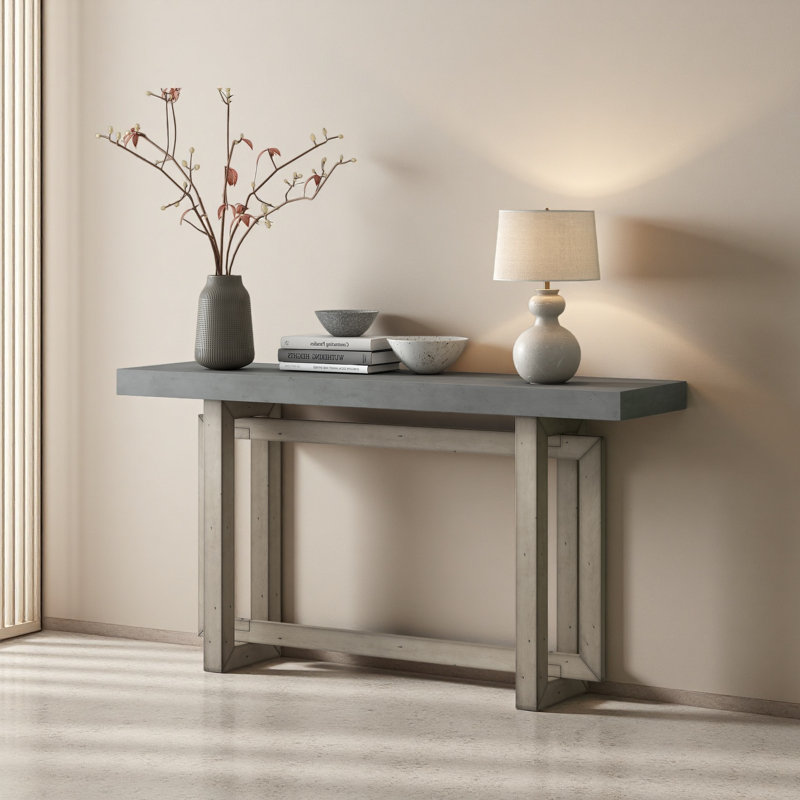 Table d'entrée de 59,1 po peinte avec placage de pin, console triple rectangulaire unique avec pieds en bois de pin épais