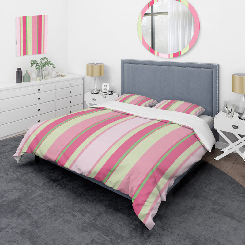 Pink and Green Striped Pattern - Abstract Duvet Cover Set - Microfiber Polyester