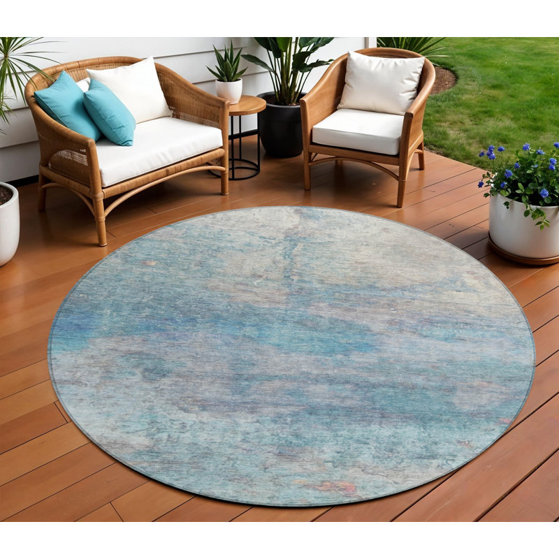 Tapis extérieur rond lavable abstrait 8 pi Aqua and Beige
