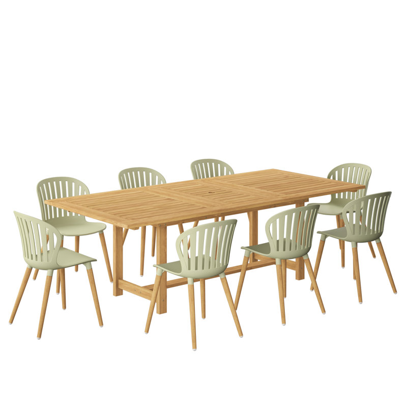 Ensemble de salle à manger d'extérieur en bois 9 pièces Kinchen FSC - chaises vertes, Vert, 8
