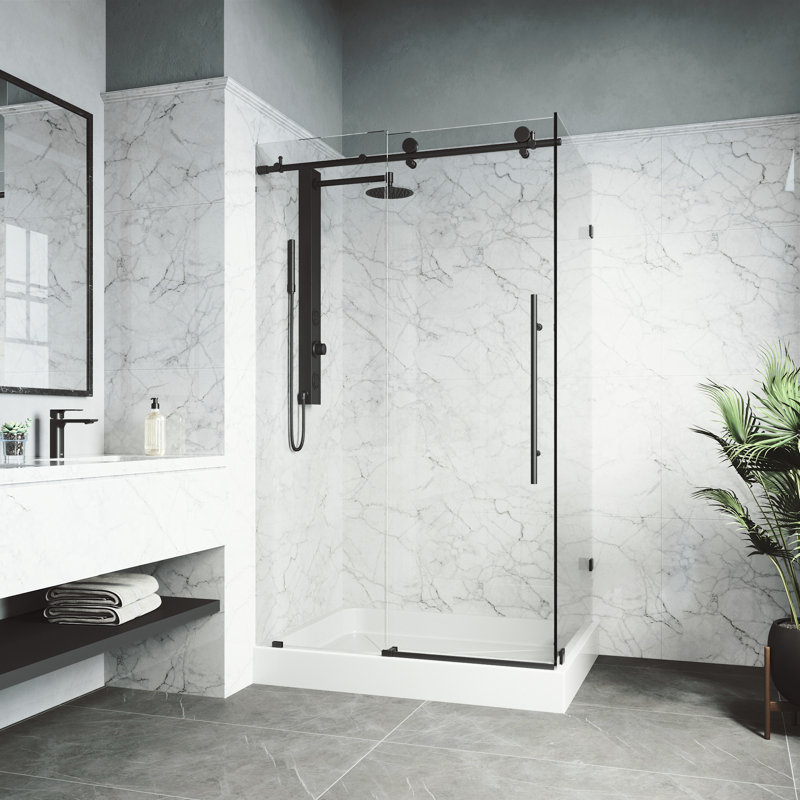 Elan E-class 48" W x 36" D x 82" H Sliding Frameless Shower Enclosure with 3/8" Clear Glass&Base, Matte Black, Left