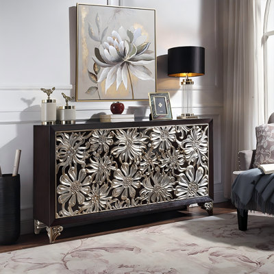 62.99"Luxury Light Espresso Black with Reddish Grain Solid Wood Sideboard with Four Doors, Entryway Cabinet & Buffet Cabinet