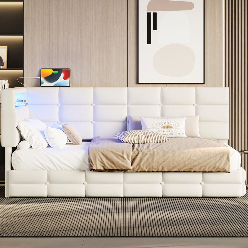 Lit de jour simple avec 2 tiroirs, station de charge et lumières à DEL - rembourré beige pour l'organisation de la chambre à coucher