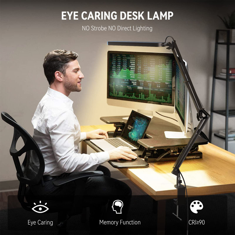 Led Desk Lamp - Desk Light For 31.5" Tall - 5 Color Modes X 11 Brightness Levels - Adjustable Swing Arm - Timmer & Memory Function - 12W Lamp For Desk - Black