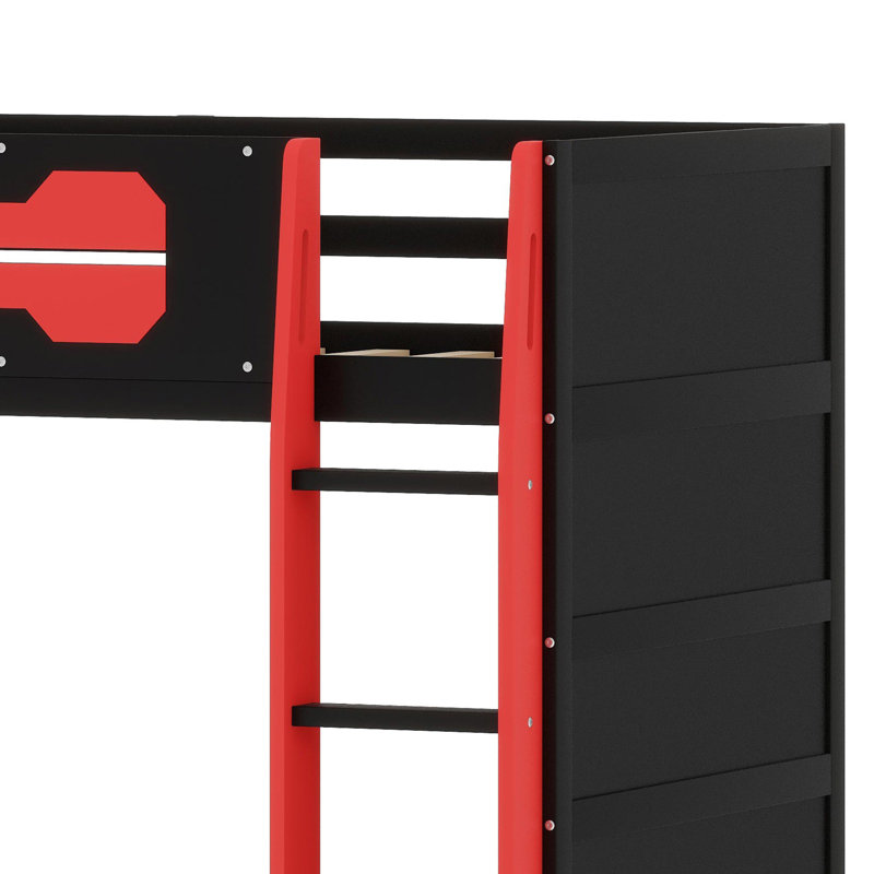 Lit mezzanine avec bureau intégré, tablettes de rangement à plusieurs niveaux et éclairage ambiant RVB, Rouge