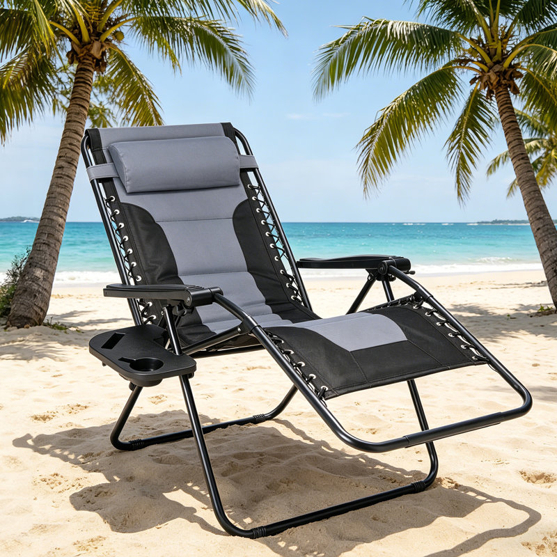 Très grand fauteuil de jardin inclinable zéro gravité avec porte-gobelet (peut supporter jusqu'à 400 lb), Gris/noir