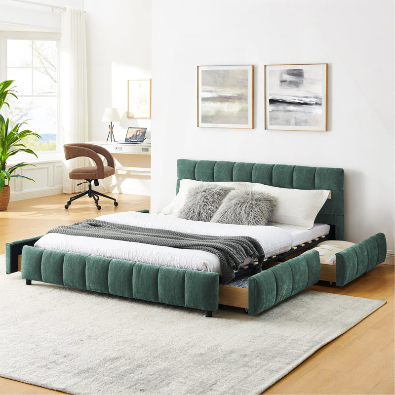 Grand lit tapissier, cadre de lit rembourré confortable, tissu chenille, avec tête de lit et cadre de lit solide. Avec tiroir pour le rangement - Vert (88,5 po x 68,5 po x 31 po)