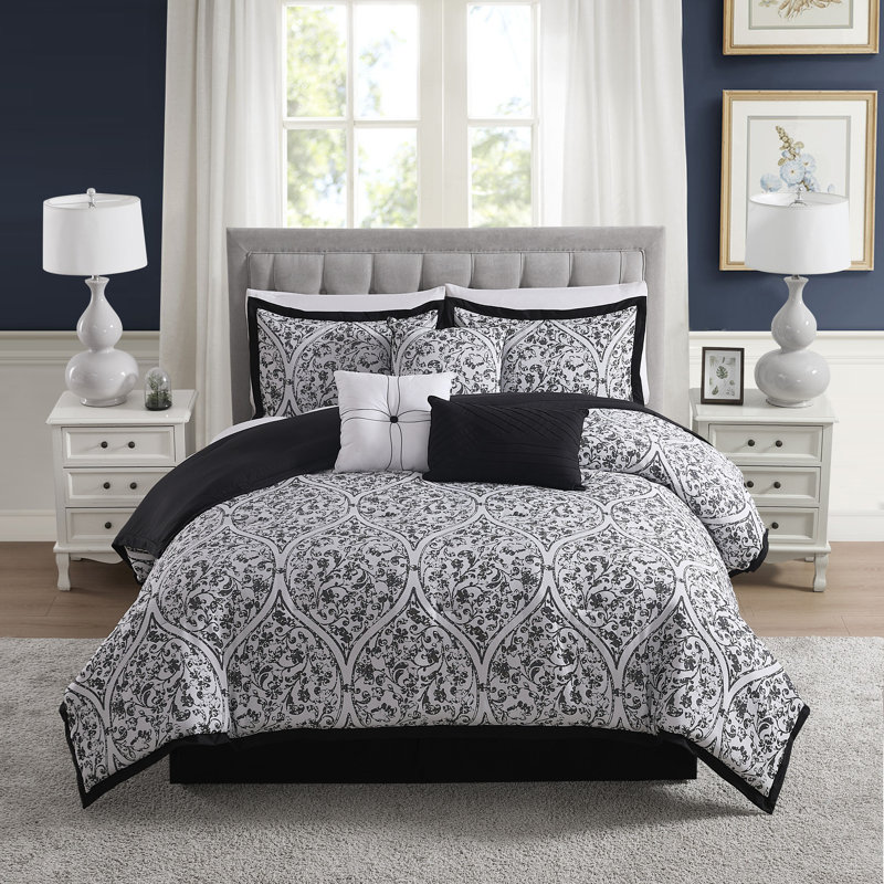 Ensemble d'édredon jacquard damassé 7 pièces Trieste, blanc / noir, Édredon de très grande taille et 6 pièces suppl