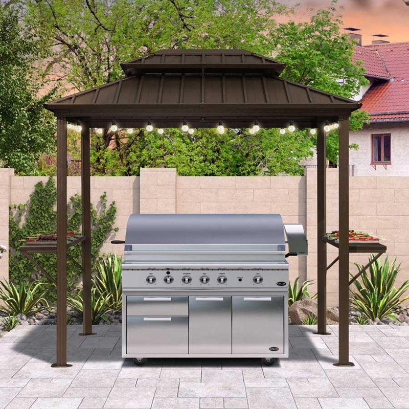 Pavillon de jardin mauve à toit rigide mauve pour terrasse avec 24 ampoules transparentes et tablettes, 6 pi x 8 pi
