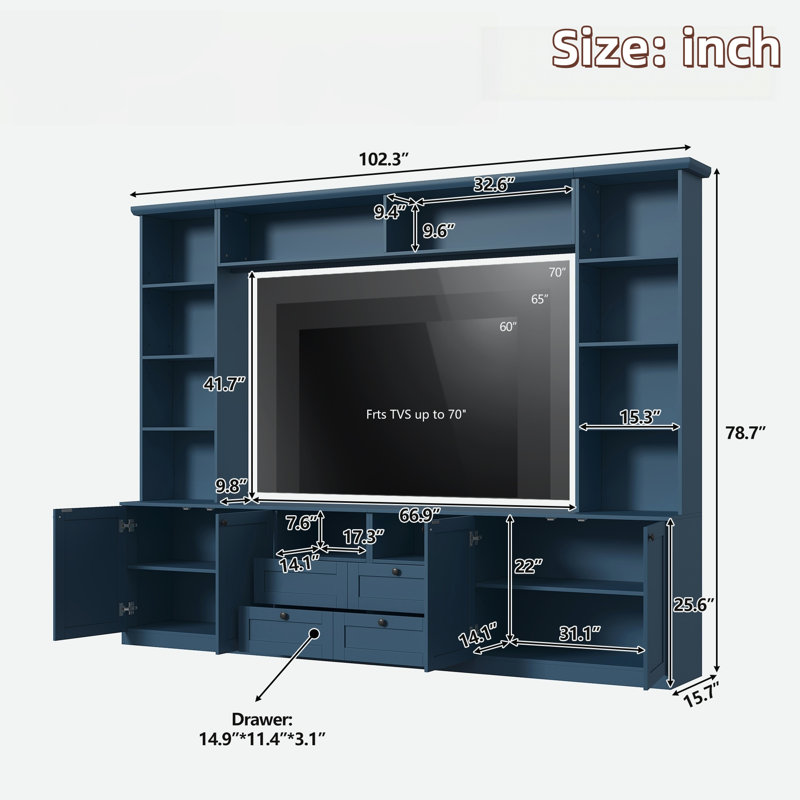 Meuble audio-vidéo moderne avec tablettes ouvertes, 4 tiroirs, armoires de rangement, tablettes réglables et hauteur de pont réglable