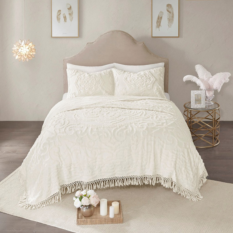 Couvre-lit à médaillon en coton chenille, Couvre-lit très grand et 2 taies de très grande , Blanc cassé