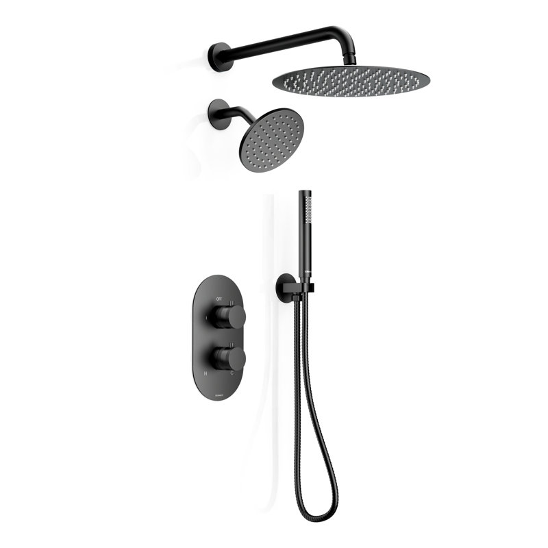 Angelsey 12" & 6" Dual Shower Head Rain Shower System with Handheld Shower and Pressure Balance Valve, Matte Black