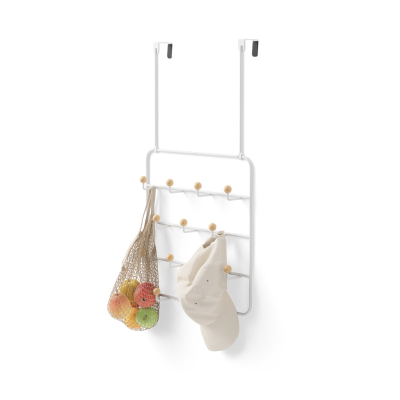 White Steel Wall Organizer with Wooden Knob Hooks