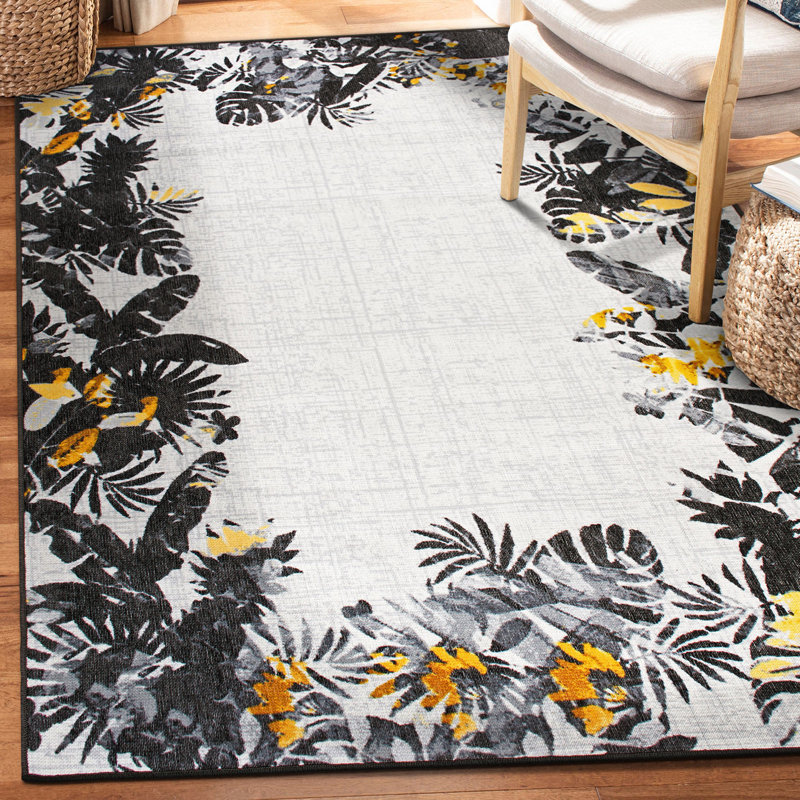 Jann Floral Black/Yellow/Ivory, Indoor/Outdoor Area Rug, Rectangle 5' x 7'