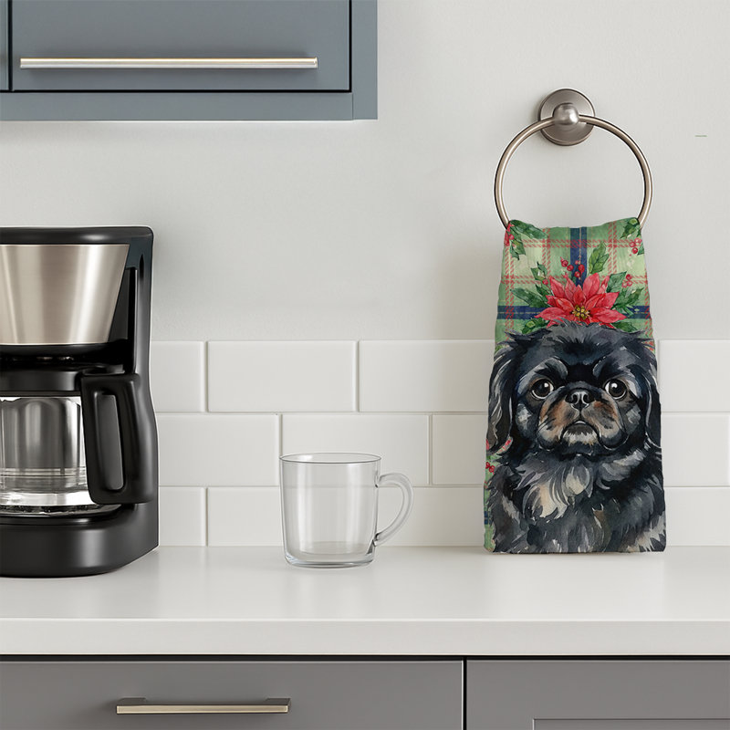 Black Pekingese Christmas PoinsettIas Kitchen Towel, Black Pekingese