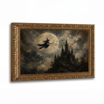 Witch Flying Over Gothic Castle Under Full Moon Halloween Canvas Wall Art