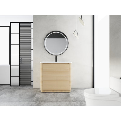 Meuble-lavabo autoportant de 36 po avec lavabo en céramique blanc, 2 armoires à fermeture douce, base en contreplaqué, rebords arrondis, fonctionnement silencieux, fermeture facile à assembler,