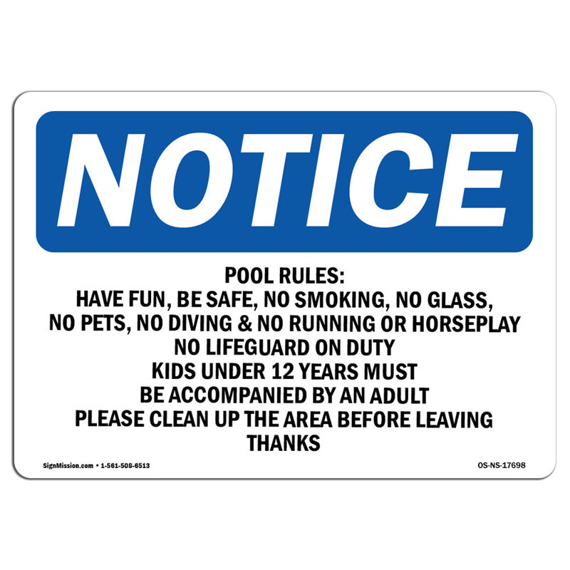 Pool Rules No Run Rough Play No Sign, H 18 po x l 24 po x P 0,1 po