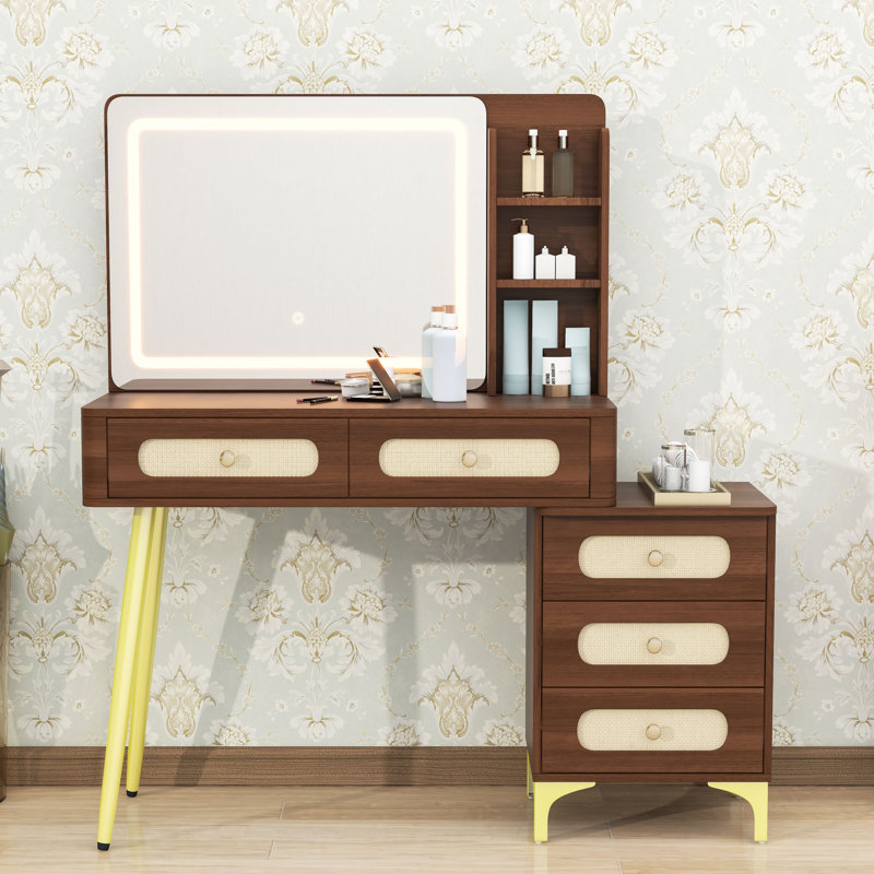Makeup Vanity with Mirror, Lights, 5 Drawers and Storage Shelf, Dark Walnut