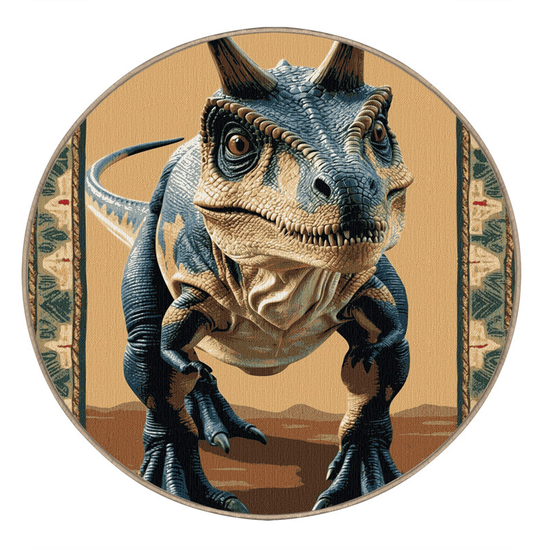 Machine Washable Dinosaurs Brown Area Rug, Round 5'