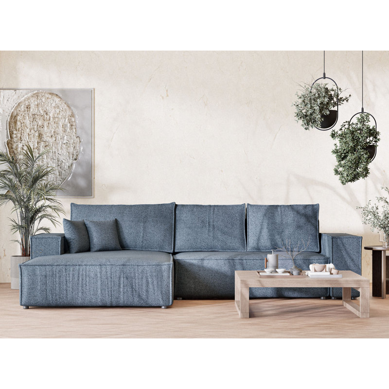 5 Seater Fabric Corner Sofa , Blue Polyester, Left Hand Facing