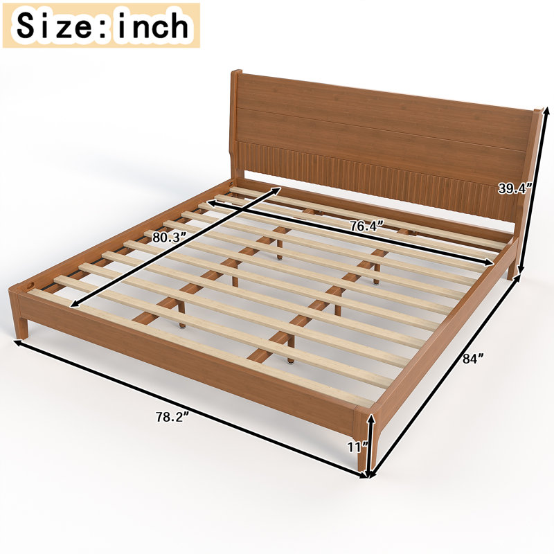 Lit plateforme en bambou massif BambooZen avec tête de lit haute et lattes de support, Très grand lit, Brun chaud
