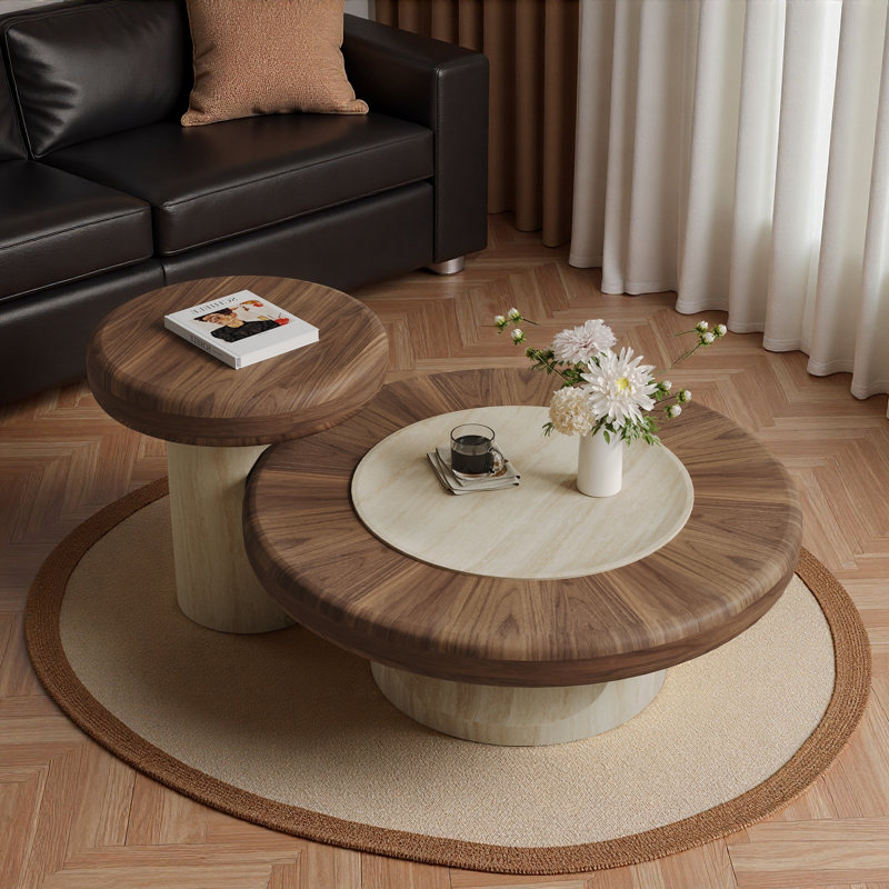 Ensemble de 2 tables basses gigognes avec placage en noyer et en travertin, tables d'appoint pour tables de salon